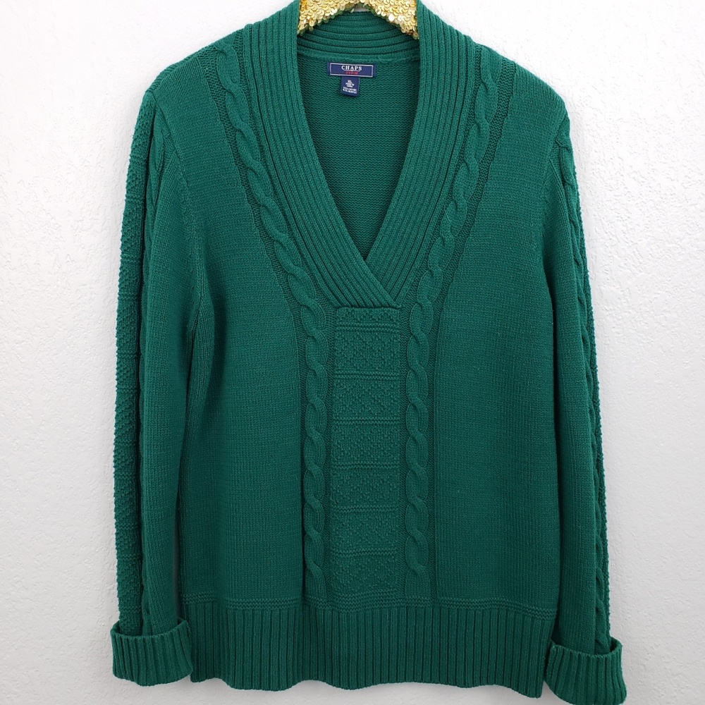 Chaps sweater XL green with cable stitch vneck